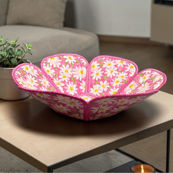 Hand Crafted Other - Hand Crafted Basket Center Piece Bowl Quilted 8” round x 3” tall Pink Floral